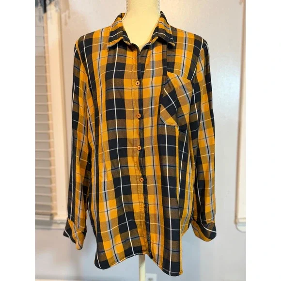 Billy T Plaid Shirt Mustard Black Fall Grunge Casual Lightweight XL - Picture 1 of 12